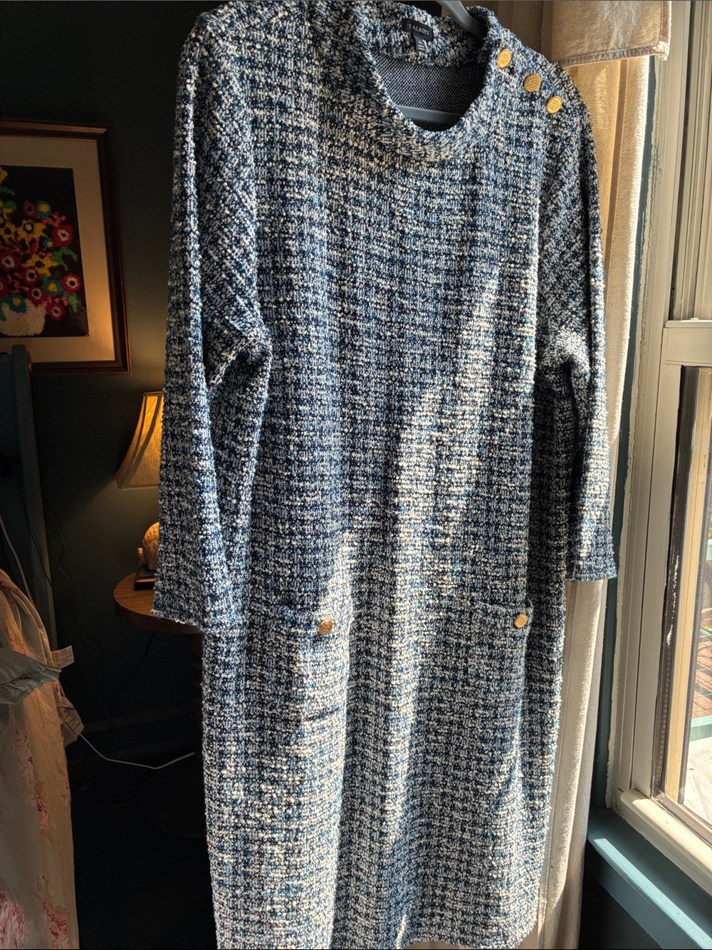 Talbots Tweed Shift Dress with Gold Button Details on Collar and Pockets SZ XL